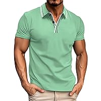 Striped V Neck Polos Shirts for Men Short Sleeve Moisture Wicking Button Up Golf Shirt Lapel Collar Fitted Workout Gym Shirt