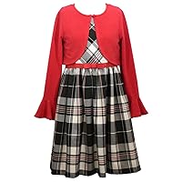 Bonnie Jean Girl's Holiday Christmas Dress - Black and White Plaid with Red Sweater Cardigan, Red Black White, 6