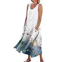 Dresses for Women 2024 Linen Sleeveless Round Neck Loose Solid Colour Casual Print Plus Size Dress with Pockets