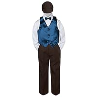 5pc Baby Toddler Kid Boys Brown Pants Hat Bow Tie Green Teal Vest Suits Set (5)