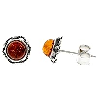 Classic Genuine Baltic Amber 925 Sterling Silver Antique Look Bloom Button Ball Studs Round Earrings 5940