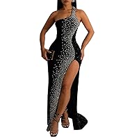 Womens Sexy Sleeveless One Shoulder Rhinestone Bodycon Split Party Clubwear Prom Dress