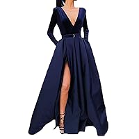 Long Satin Velvet Prom Dresses V Neck Long Sleeve High Slit Formal Evening Party Gowns