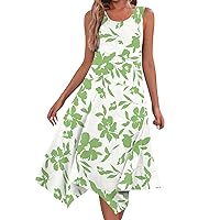 Women's Sundresses 2024 Casual Fashion Round Neck Sleeveless Floral Print Irregular Hem Midi Dress, S-2XL