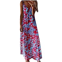 Summer Dresses for Women 2024 V Neck Casual Sleeveless Long Dress Fashion Floral Print Beach Party Flowy Maxi Dress