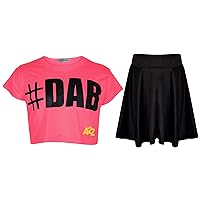 Kids Girls Crop Top #DAB Neon Pink Trendy Floss Fashion Tees & Skirt Set 5-13 Yr