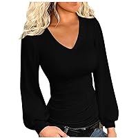 Womens Lantern Long Sleeves Shirts Basic Tight Slim Fit Tops Fashion V Neck Stretchy Solid Pullover Blouses