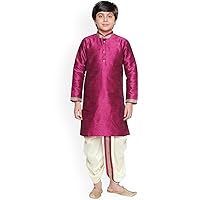 Kurta Pajama Boys Set Party Wear Traditional Indian Wedding Kids Indian Dress, Dupion Silk, Color: Magenta, Size: 7-8 Years