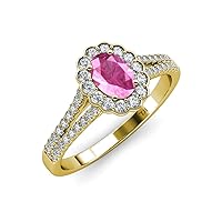 Oval 7x5mm Pink Sapphire & Natural Diamond Split Shank Halo Engagement Ring 1.65 ctw 14K Yellow Gold