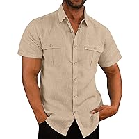 Mens Cotton Linen Button Down Shirt Summer Trendy Solid Color Short Sleeve Lapel Pockets Comfy Breathable Shirts