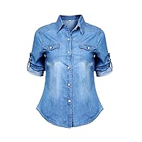 Women Casual Solid Blue Jean Soft Denim Shirt Girls Long-Sleeve Summer Button Pockets Blouse Tops