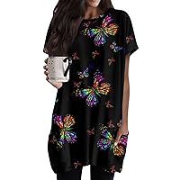 Short Sleeve Tunic Tops to Wear with Leggings Casual Crewneck Shirts for Women - Oversize Womens Summer Tops with Pockets