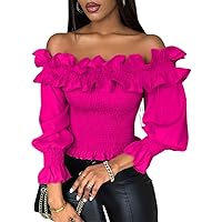 Blouses for Women Dressy Casual Short Sleeve Solid Color Ruffled Off Shoulder Blouse with Shoulder Straps