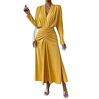 Women Summer Dresses 2023 V Neck Long Sleeve Solid Ruched Front Ruched Waist A-line Long Dress