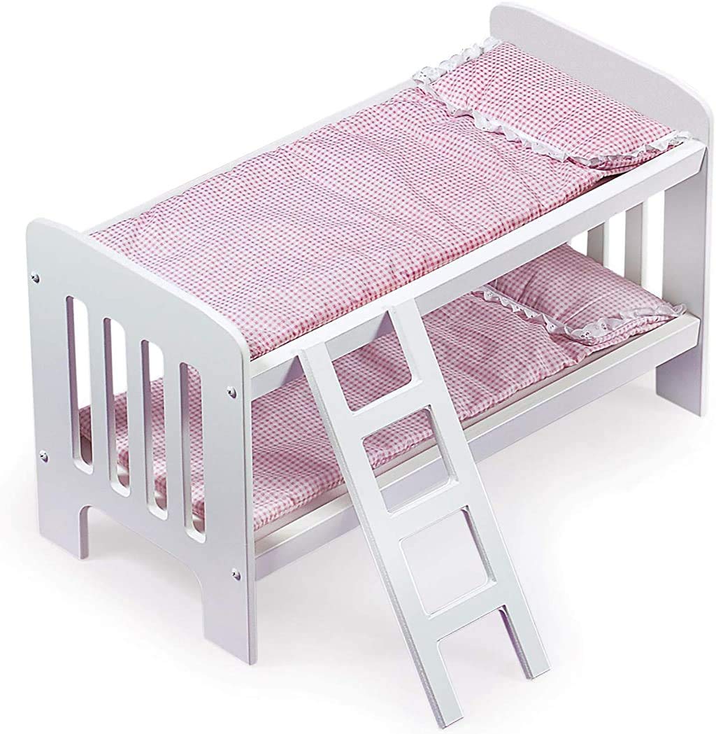 Badger Basket Toy Doll Bunk Bed with Gingham Bedding, Ladder, and Personalization Kit for 20 inch Dolls - White/Pink