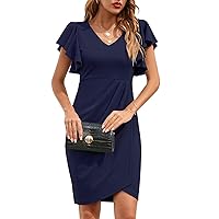 IHOT Women's V Neck Ruffle Sleeve Bodycon Sheath Wrap Ruched Casual Cocktail Party Work Dresses