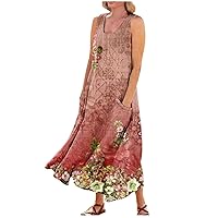 Midi Dresses for Women Summer Casual Fashion Printed Sleeveless Round Neck Pocket Dress