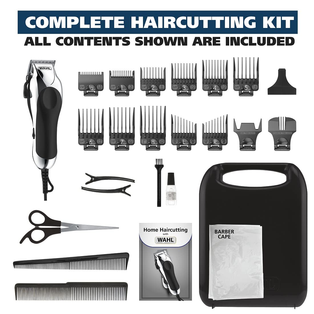 Wahl USA Chrome Pro Corded Clipper Complete Haircutting Kit for Men – Powerful Total Hair Clipping, Beard Trimming, & Grooming - Model 79524-2501