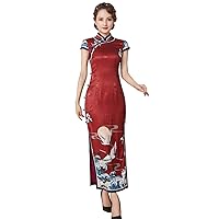 Women Red Slim Long Dress Silk Red-Crowned Crane Printed Cheongsam Wedding Party 3257