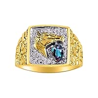 Rylos Men's 14K Yellow Gold Lucky Nugget Horse Head Ring with 6X4MM Oval Gemstone and Sparkling Diamond Accent - Birthstone Elegance for Men, Available in Sizes 8-13
