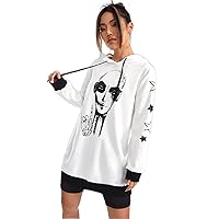 sweatshirts for women - Skeleton Hand & Star Print Drawstring Hoodie (Color : White, Size : Small)