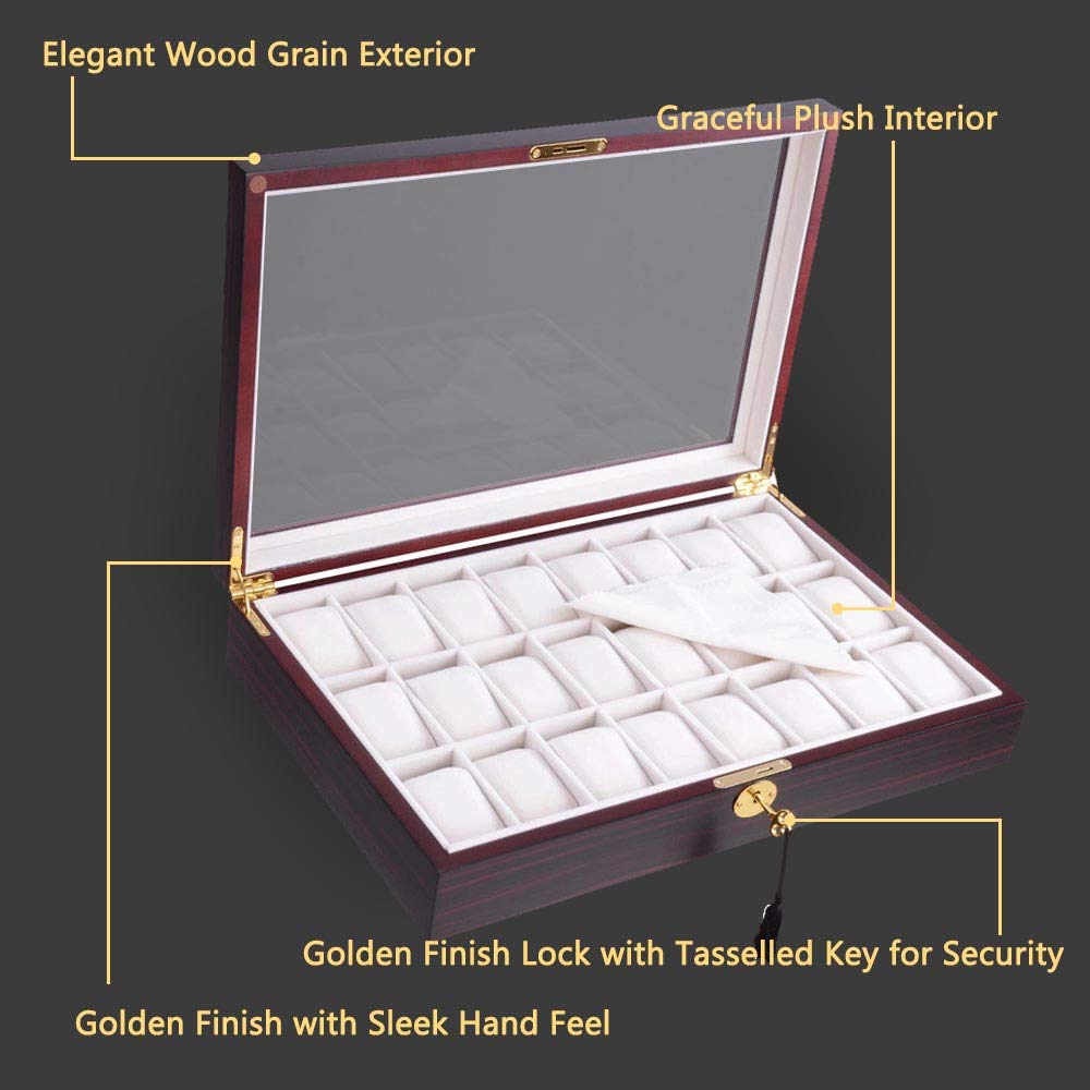 Yescom 24 Slots Wooden Watch Box Watch Display Case Organizer Glass Top Jewelry Pocket Collection Storage Large Ebony Wood