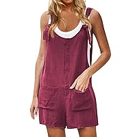 Women's Summer Linen Short Jumpsuits Loose Fit Casual Suspender Shorts Ladies Cotton Overalls with Pockets Clothes