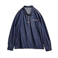 Men American Casual Denim Shirt Loose Lapel Washed Long Sleeve Pullover Top Solid Shirts