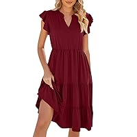 Midi Dresses for Women Casual Boho,Women Casual Solid Color V Neck Short Sleeve Shirt Dress Woman Party Dresses