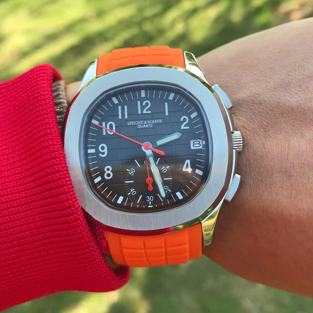 TACTO Specht&Sohne Men's Quartz Watches for Men Chronograph Display Waterproof 42mm Steel Sports Watches Luminous Rubber Strap Waterproof Analogue Wrist Watch