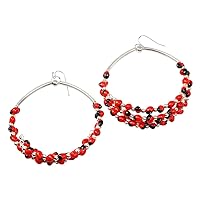 Silver Handmade Ethnic Red/Black Chandelier Hoop Earrings for Women w/Natural Red Seed Beads - Symbol of Prosperity, Love & Happiness - Great Gifts for Mom, Daughter, Aunt, Sister, Girlfriend