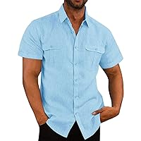 Men's Cotton Linen Shirts Casual Spread Collar Short Sleeve Button Down Beach Shirts Summer Plain T Shirts with Pockets
