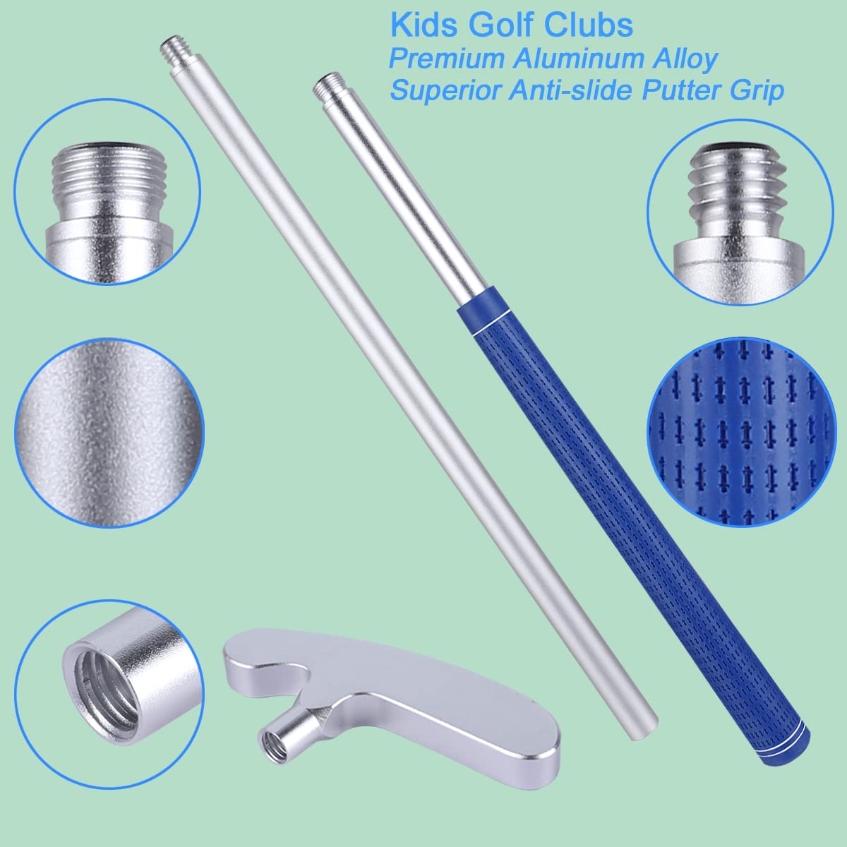 Wassteel Kids Golf Clubs, 6063 Aluminum Alloy Golf Putter for Right/Left Handed Indoor/Outdoor Kids Golf Set, Mini Golf Putters Gift with 5 Plastic Golf Balls for 5 6 7 8 9 Year Old Boys Girls-Silver