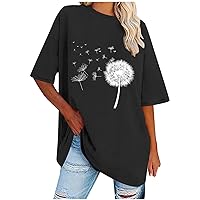 Oversized Tops for Women Cute Dandelion Print Tshirt Summer Short Sleeve Crewneck Blouse for Leggings Spring Ladies Outfits