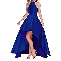 Halter Prom Dresses with Pockets Stain Sleeveless Backless High Low Bridesmaid Dress for Women Royal Blue
