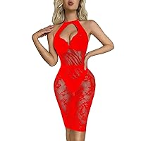 Women's Sexy Fishnet Backless Halter Neck Nightdress Lingerie Chest Keyhole Chemise Nightwear