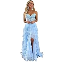 Tiered Ruffle Prom Dresses 2024 Lace Applique Chiffon Princess Ball Gown Formal Dress with Slit