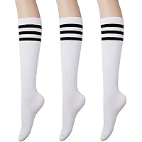 KONY Women's Cotton Knee High Socks - Casual Solid & Striped Colors Fashion Socks 3 Pairs (Women’s Shoe Size 5-9)