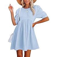 LYANER Women's Crewneck High Waist Puff Short Sleeve Button Back Babydoll A-line Mini Dress with Pocket