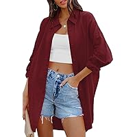 FSHAOES Womens Oversized Button Down Shirts Casual Loose Long Sleeve Solid Lapel Long Blouses Tops with Pockets