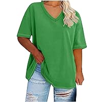Women Plus Size Tops V Neck T Shirt Summer Short Sleeve Tunic Plain Solid Color Oversized Ladies Blouses XL-5XL