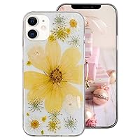 Guppy Compatible with iPhone 12 Mini Real Flower Clear Case Cute Handmade Pressed Dry Natural Chrysanthemum Daisy Floral Soft Rubber Bumper Slim Protective Cover for Women Girls Case 5.4 inch Yellow