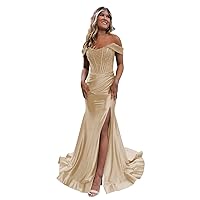 Mermaid Off Shoulder Prom Dresses for Women 2024 Long Split Sparkly Sequin Formal Evening Party Gowns with Train GL0002