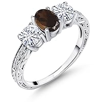 Gem Stone King 925 Sterling Silver 3-Stone Ring Oval Brown Smoky Quartz and Moissanite (1.87 Cttw)