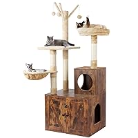 Litter Box Enclosure with Cat Tree, Wooden Cat House with Cat Tree Tower, Hidden Cat Litter Box Furniture with Scratching Post, Modern Cat Condo, Rustic Brown
