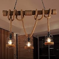 LITFAD Industrial Birdcage Island Light 3 Lights Pendant Light Lantern Style with Rope Cage Frame, Wood Decoration Vintage Chandelier Ceiling Hanging Light for Dining Room Cafe Bar Restaurant - 31.5