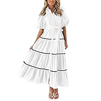 Summer Shirt Dresses for Women 2024 Button Down Belted Long Dress Short Puffy Sleeve Tiered Ruffle Flowy Maxi Dress