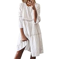XJYIOEWT Fall Dresses for Women 2024 Wedding Guest, Women Boho Solid Neck Dresses Hollow Out Splice 3/4 Sleeve Mid-Long