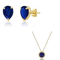 MAX + STONE 14k Yellow Gold Created Blue Sapphire Teardrop Pear Shape Stud Earrings and Round Pendant Necklace Set | 8mm x 6mm Birthstone with Push Backs | 7mm Gemstone on 18 Inch Cable Chain