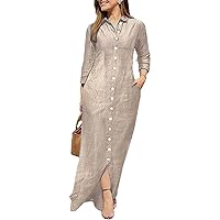 Womens Button Down Denim Maxi Dress Casual Lapel Long Sleeve Cardigan Rolled Sleeve Solid Long Jean Dress with Pocket